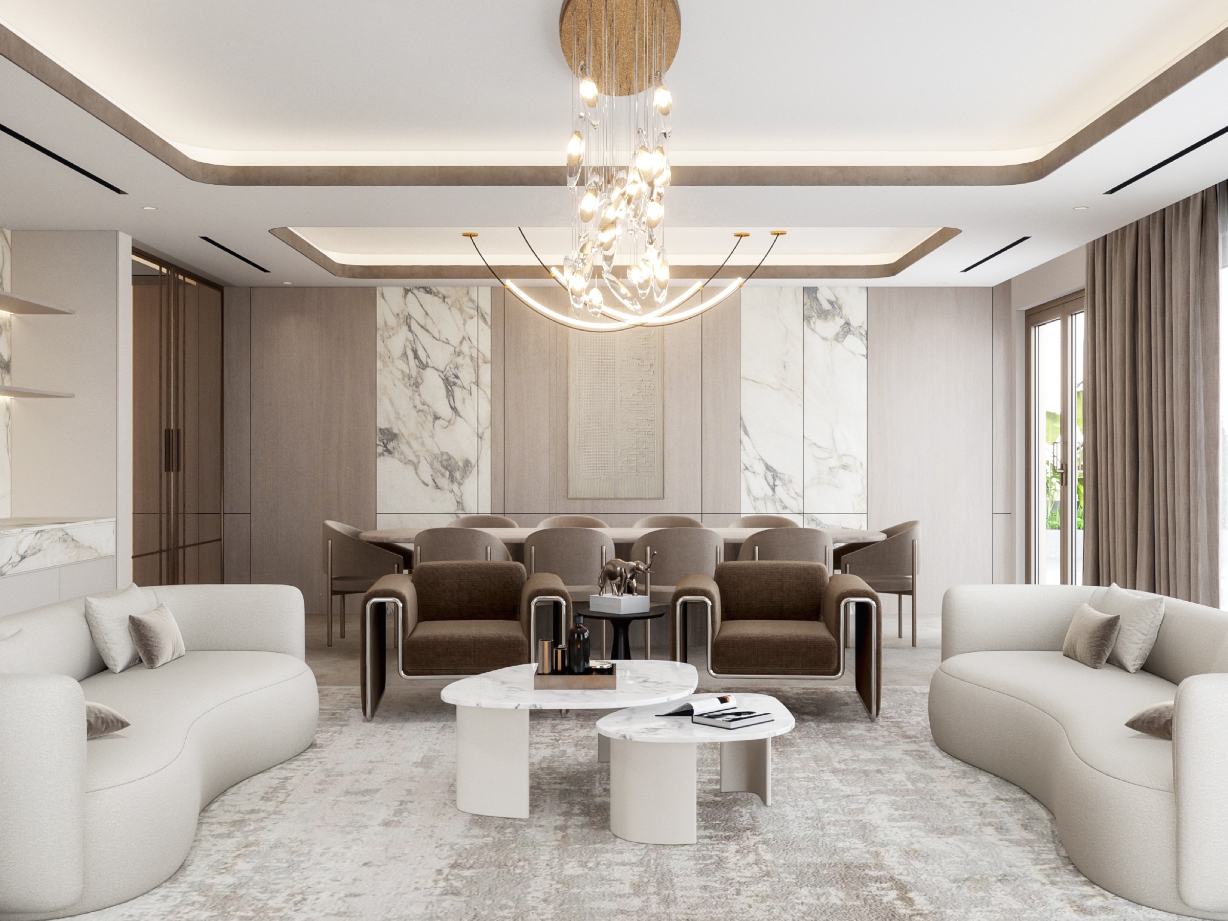 Luxury villa living and dining render by Renolux interior designers