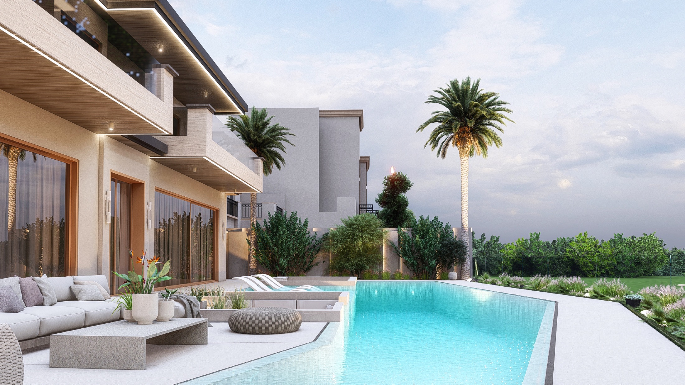 Daytime Sundials villa pool and landscape render